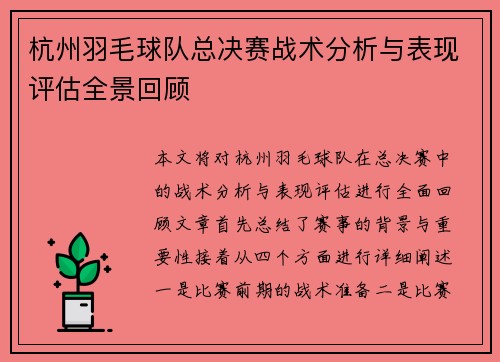 杭州羽毛球队总决赛战术分析与表现评估全景回顾