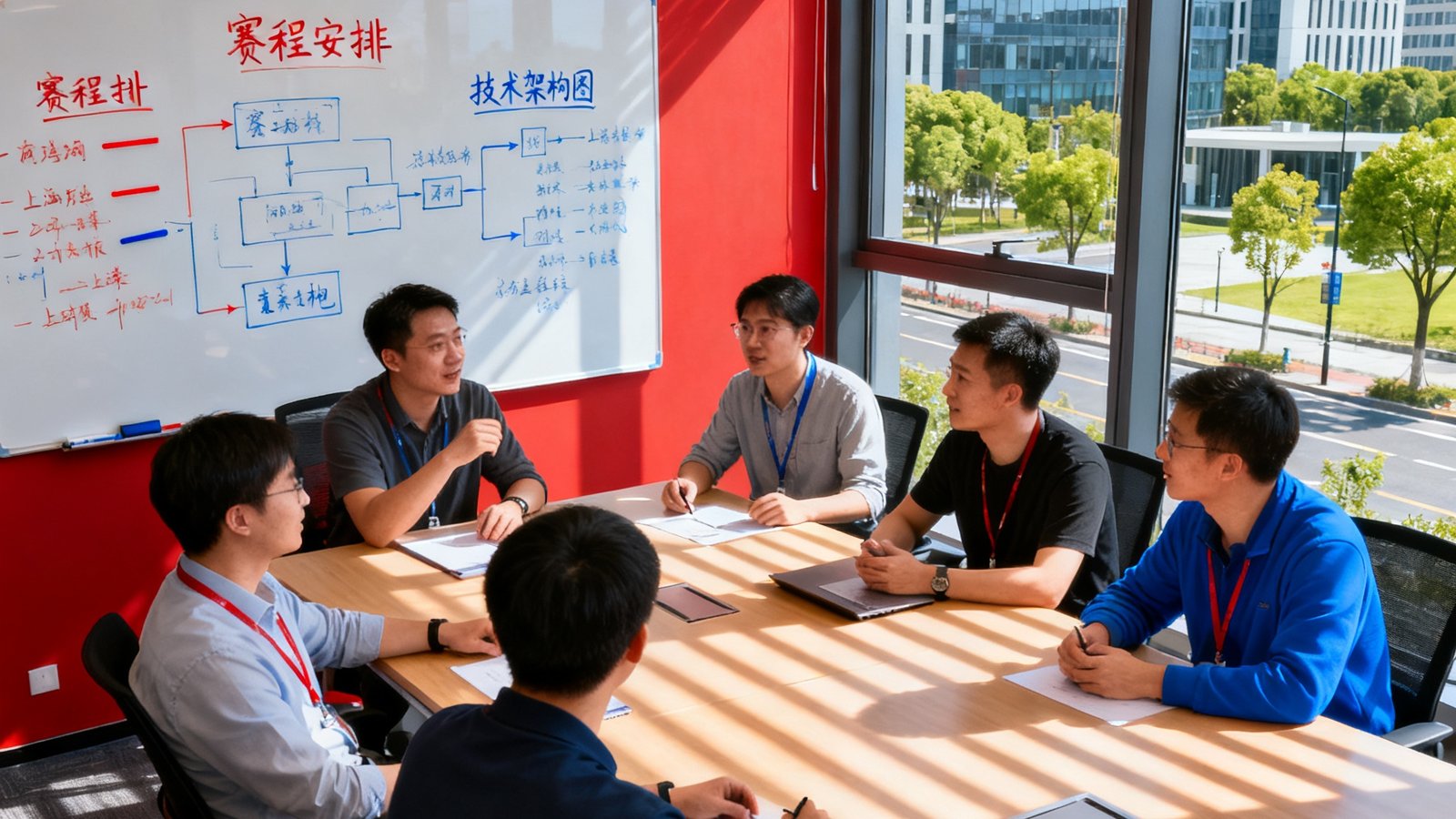 多宝电竞开放式办公室内，六位创始团队成员围坐在长桌旁热烈讨论赛事直播方案，白板上用红蓝马克笔写满赛程安排和技术架构图，落地窗外可见上海张江高科技园区的现代建筑群和绿树成荫的街道，阳光透过百叶窗洒在桌面