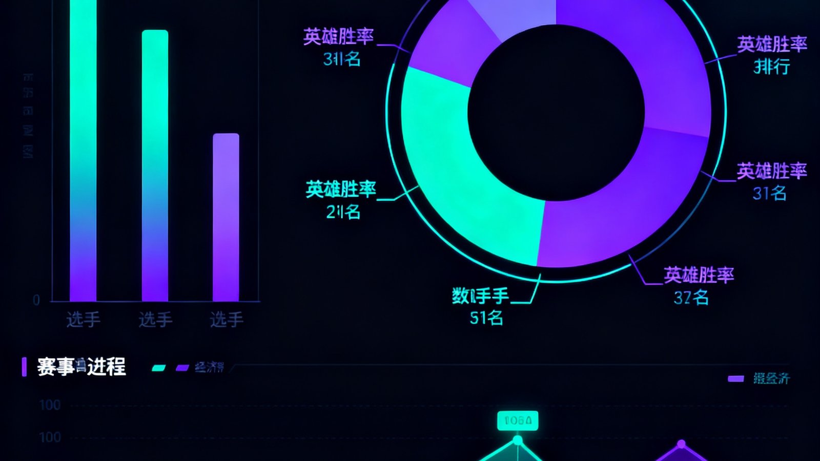赛事数据可视化大屏展示，中央环形图表展示英雄胜率排行，左侧柱状图对比选手KDA数据，底部折线图追踪赛事进程中的经济走势，所有图表采用霓虹青色和紫色渐变配色，在深色背景上清晰醒目