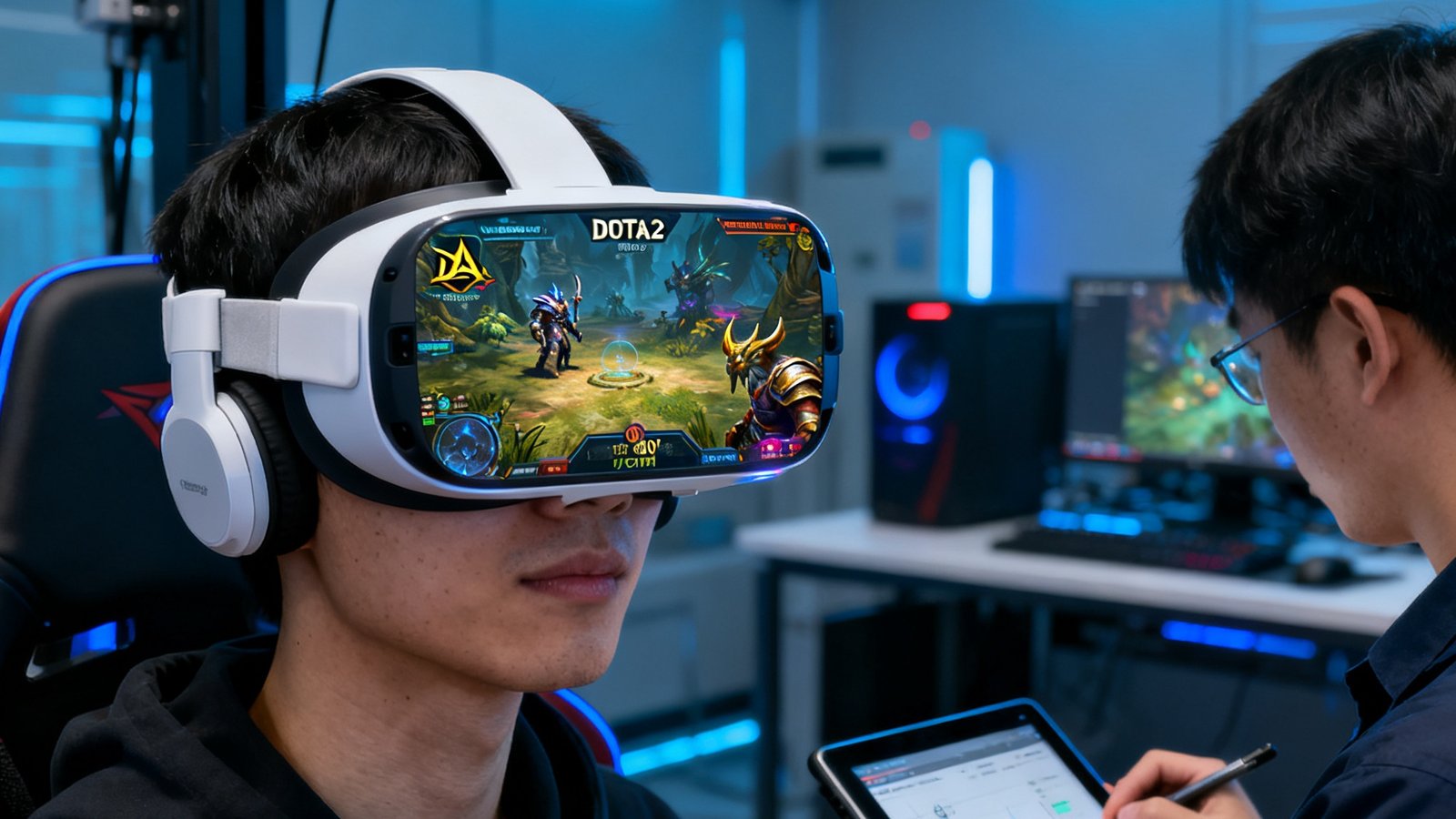 多宝电竞实验室中展示VR观赛原型，一位测试人员佩戴着轻量VR头盔，头盔内显示DOTA2战场360度全景视角，可自由切换至任意英雄的第一人称视野，旁边工程师在平板电脑上记录体验数据