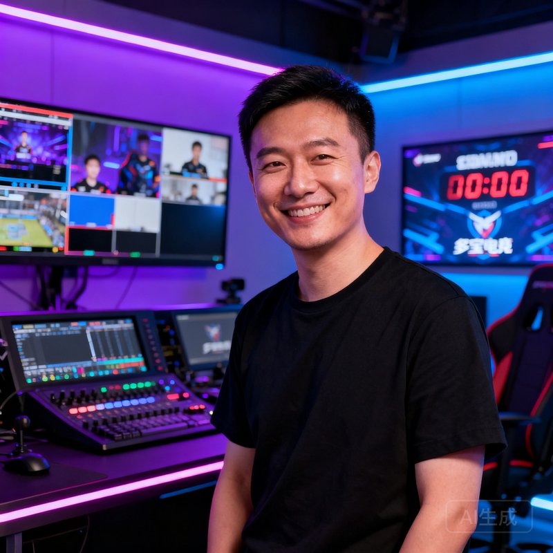 陈浩，多宝电竞CEO兼联合创始人，身穿黑色简约T恤，在霓虹灯光映照的电竞演播室内微笑站立，背景是正在运行的多画面直播控制台和赛事倒计时大屏，神情自信而亲和